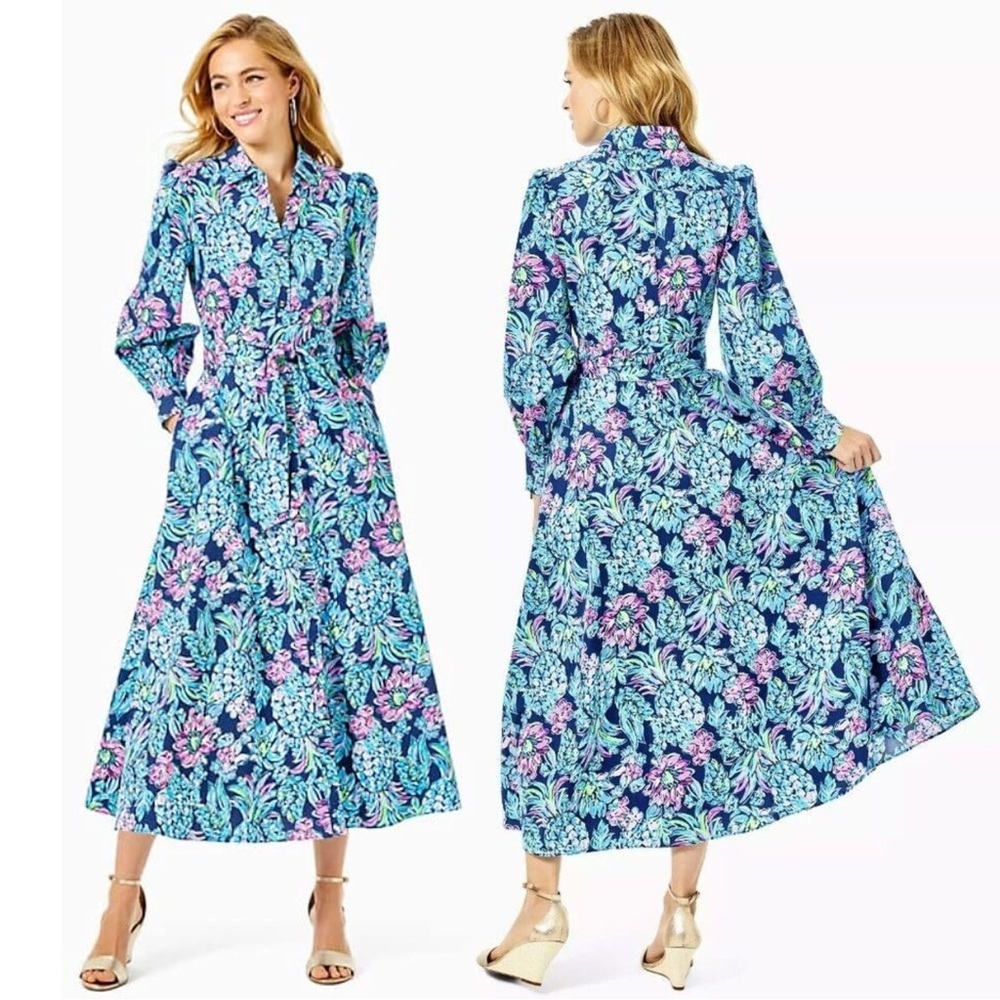 Lilly Pulitzer Mira High Tide Navy Pineapple Paradise Button Up Midi Dress 2